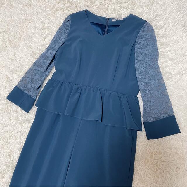 美品♡COHINA コヒナ 袖レースぺプラムオールインワン ダスティブルー