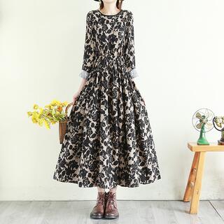 ★大人気商品★ 総花柄 シルエットフラワー ロングワンピース(ひざ丈ワンピース)