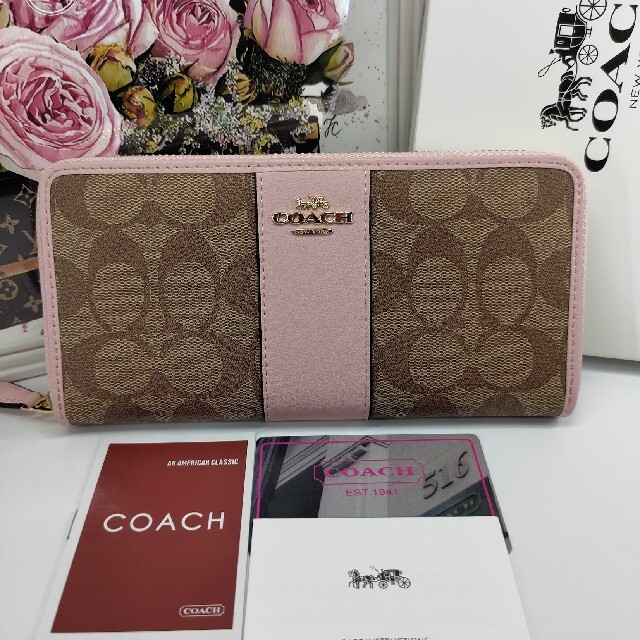 未使用 F54630 COACH コーチ 長財布 カーキ／ピンク定番ブランド