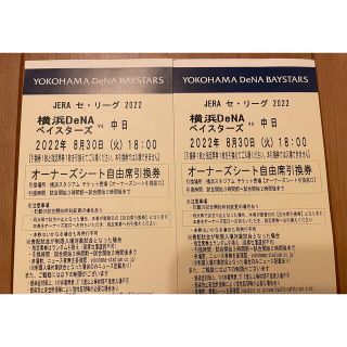 ヨコハマディーエヌエーベイスターズ(横浜DeNAベイスターズ)の8/30(火) 横浜ベイスターズ対中日 オーナーズシート チケット 2枚(野球)