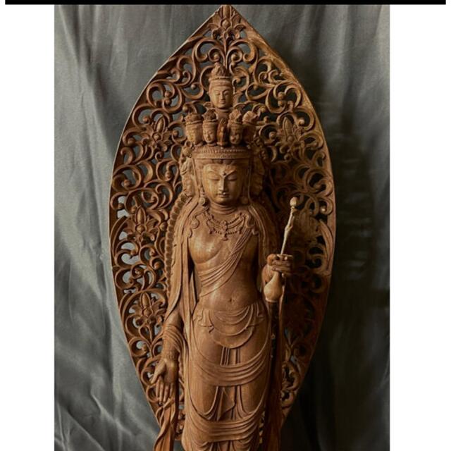 大型高62cm 仏教工芸品　楠材製　極上彫　木彫仏像　十一面観音菩薩座像