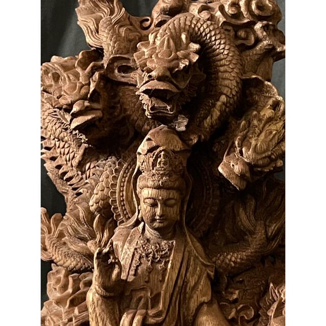 仏教工芸品 総楠製 井波彫刻 一刀彫 極上彫 木彫仏像 九龍観音菩薩立像