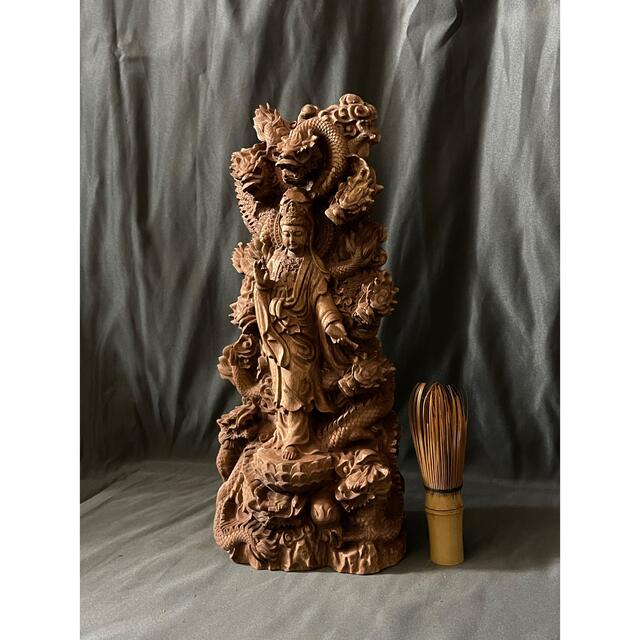 仏教工芸品 総楠製 井波彫刻 一刀彫 極上彫 木彫仏像 九龍観音菩薩立像