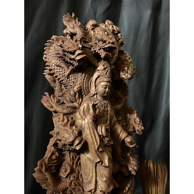 仏教工芸品 総楠製 井波彫刻 一刀彫 極上彫 木彫仏像 九龍観音菩薩立像-