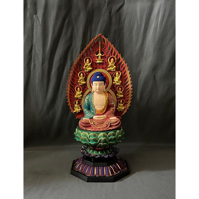 仏教工芸品 総檜製 手書き彩金彩繪 井波彫刻 極上彫 木彫仏像 釈迦如来