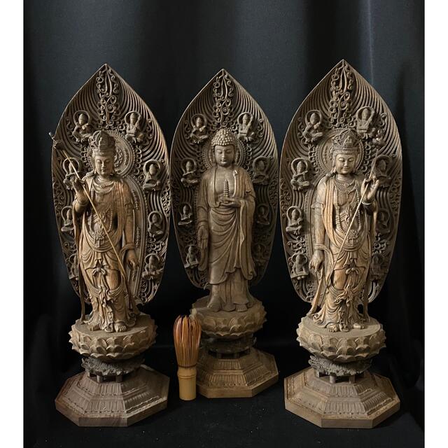 美術品/アンティーク井波彫刻　 高45cm 時代彫刻　木彫仏教　仏師で仕上げ品　薬師三尊立像