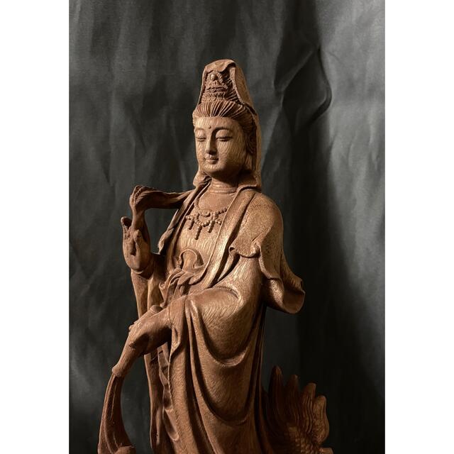 高仏教工芸品 総楠製 井波彫刻一刀彫 木彫仏像 龍上観音菩薩立像