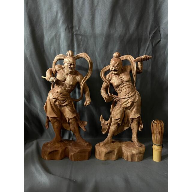 極上品 仏教工芸品 一刀彫 総楠材 木彫仏像 金剛力士像 仁王像-