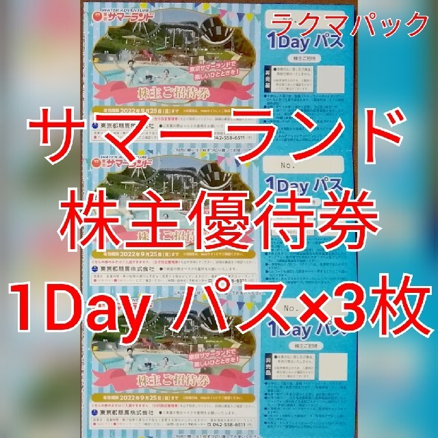 東京サマーランド　1Dayパス×3枚　★送料無料（追跡可能）★