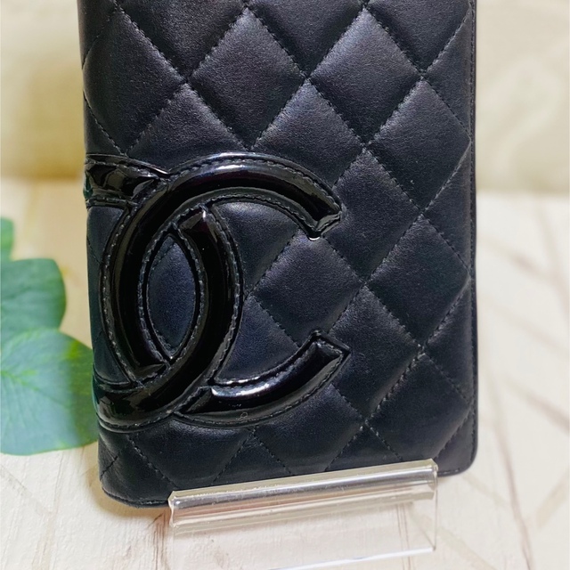 CHANEL カンボンライン　二つ折り財布（黒×黒）