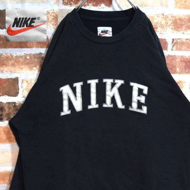 美品 NIKE ナイキ 刺繍スウエット トレーナー 銀タグ 90s ブラック