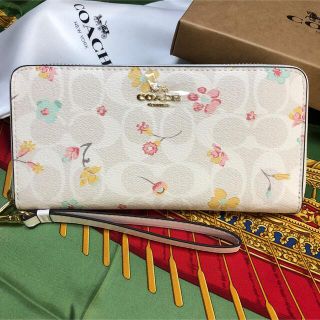 コーチ(COACH)のCOACH 長財布　ラウンドファスナー　シグネチャー　小花柄　ホワイト(財布)