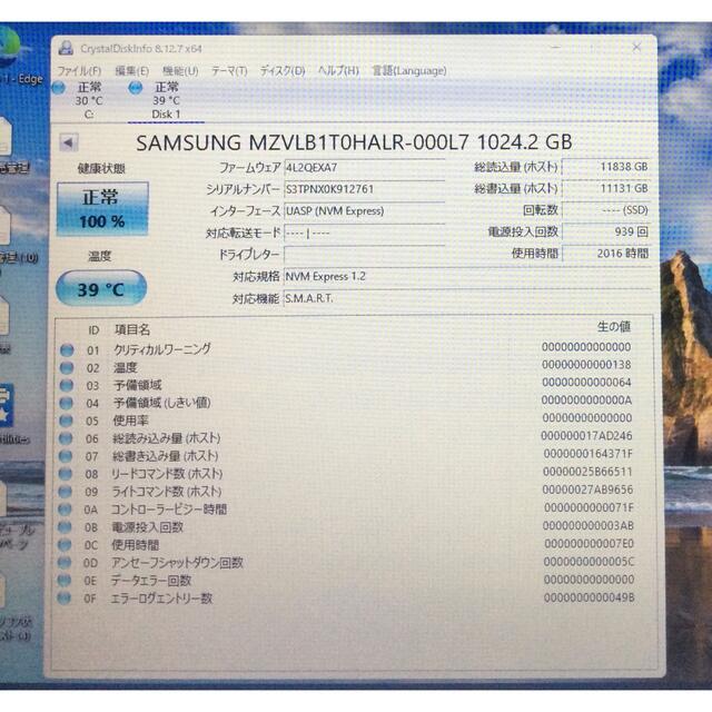 Samsung SSD M.2 NVMe 2280 1TB 使用時間2016h