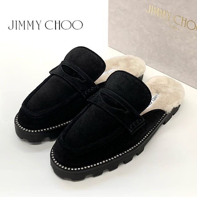 JIMMY CHOO(ジミーチュウ)の4619 未使用 ジミーチュウ ストーン スエード ファー スリッパサンダル レディースの靴/シューズ(サンダル)の商品写真