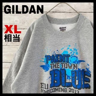 701 美品 GILDAN スウェット カレッジロゴ ペイント ブルー XL相当(スウェット)