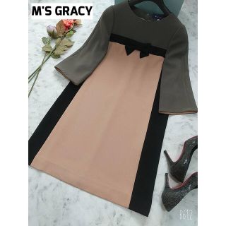 エムズグレイシー(M'S GRACY)のM'S GRACY エムズグレイシー バイカラー リボン 上品ワンピース(ひざ丈ワンピース)