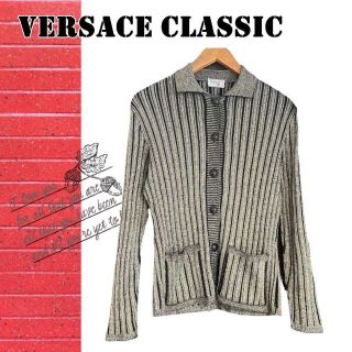 ヴェルサーチ(VERSACE)のVERSACE CLASSIC✨ ニット カーディガン グレー ストライプ【M】(カーディガン)