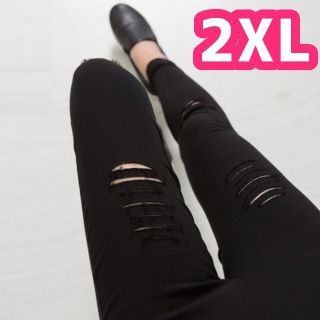 2XL　ダメージ レギンス　黒　スパッツ　レディース　韓国　美脚　大きいサイズ(スキニーパンツ)