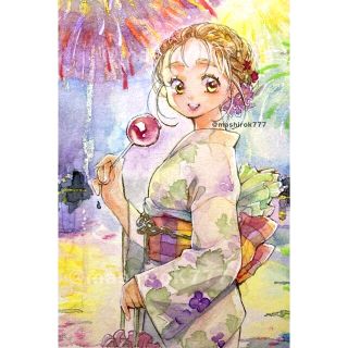 【原画／ポストカードサイズ】花火 浴衣 水彩 創作イラスト 手描き アナログ