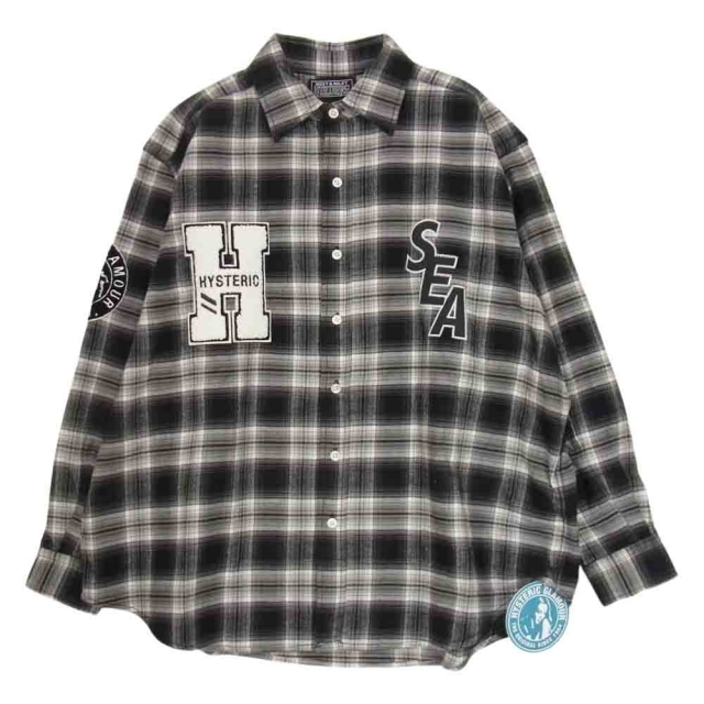 HYSTERIC GLAMOUR ヒステリックグラマー 長袖シャツ × WIND AND SEA ウィンダンシー WDS-HYS-3-04 CHECK SHIRT ロゴワッペン 長袖 チェック シャツ グレー系 ブラック系 S【新古品】【未使用】