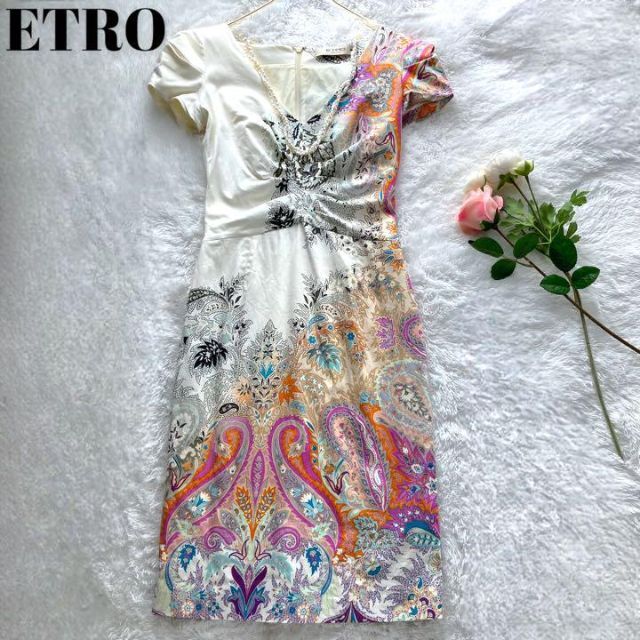 ETRO エトロ ワンピース ひざ丈 総柄 ペイズリー XLサイズ 白 - ひざ丈