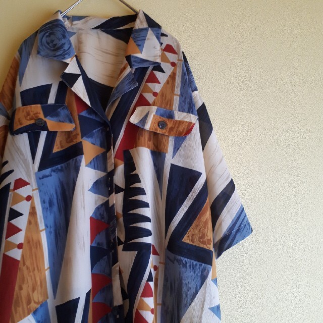 Santa Monica(サンタモニカ)の古着屋 OLD vintage 配色 幾何学柄 オープンカラーシャツ レディースのトップス(シャツ/ブラウス(半袖/袖なし))の商品写真