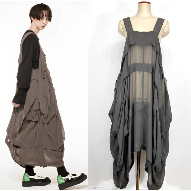 LIMI feu 20AW 製品染 シフォン キャミタックドレス カーキS