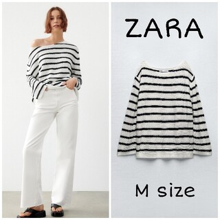 ザラ(ZARA)のZARA　ストライプリネンブレンド ニットセーター　Mサイズ　ホワイト/ブラック(ニット/セーター)