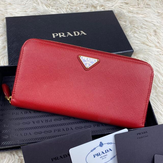 極美品】PRADA 長財布 サフィアーノレザー 三角ロゴ 赤色 - 財布