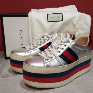 厚底】GUCCI シェリーライン レザースニーカー シルバー 青赤 www
