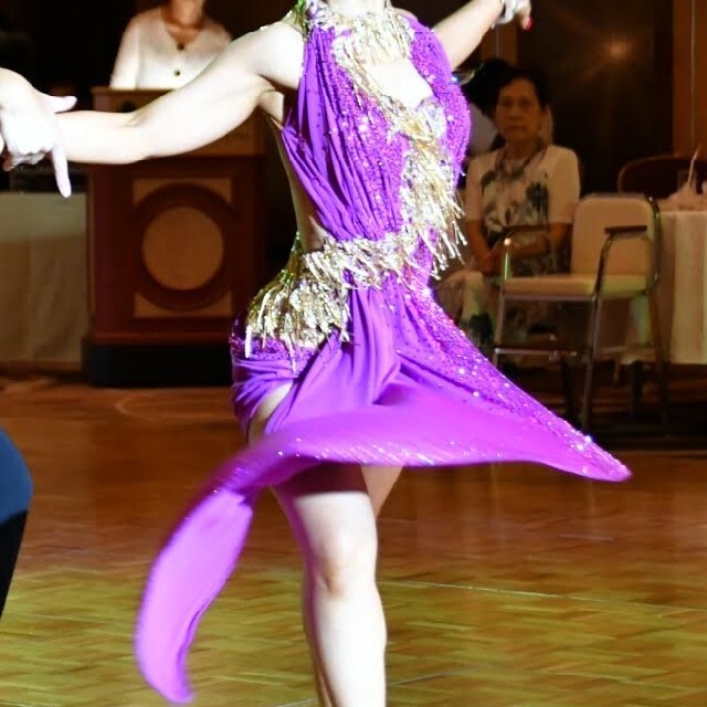 超歓迎】 社交ダンス ドレス ラテン 紫&ゴールド Sサイズ 中古品