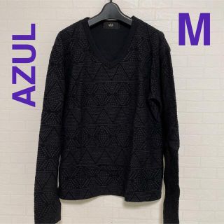 アズールバイマウジー(AZUL by moussy)の美品　アズール　メンズ　トップス　厚手　ロンT  カットソー　M　黒　Vネック(Tシャツ/カットソー(七分/長袖))