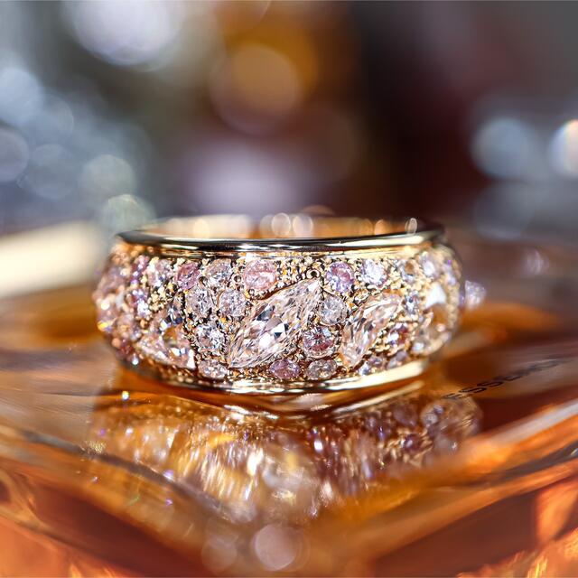 【即日発送】 天然ピンクダイヤモンドと色んなカットのダイヤモンドのパヴェリング リング(指輪)