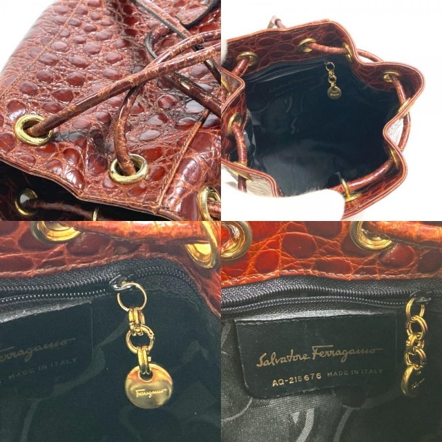 サルヴァトーレフェラガモ Salvatore Ferragamo 型押し AQ-215676 ヴァラ リュックサック レザー ブラウン