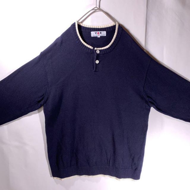VAN Jacket(ヴァンヂャケット)のVAN JAC ヴァンジャケット ヘンリーネック コットン ニット ネイビー L メンズのトップス(ニット/セーター)の商品写真
