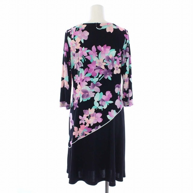 レオナール FASHION 花柄 ワンピース 七分袖 ひざ丈 36 紺 ピンク