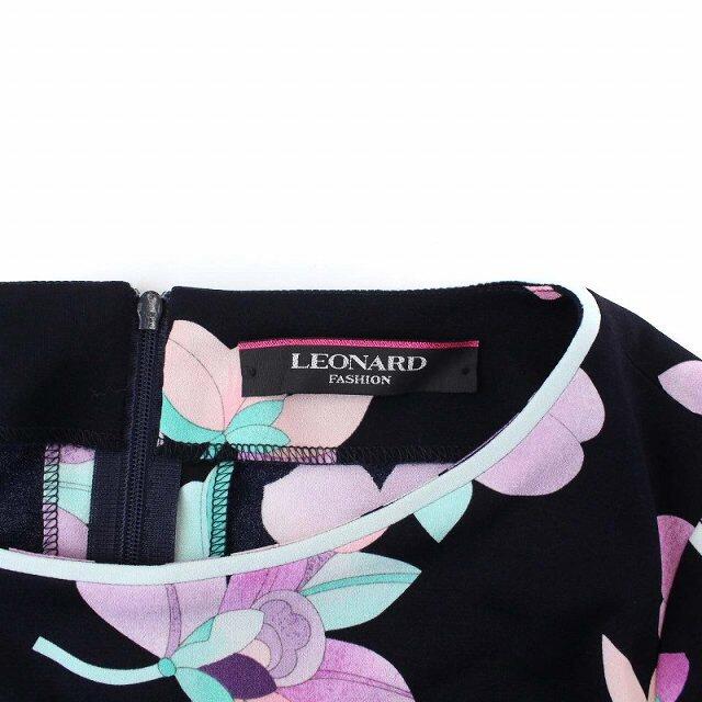 レオナール FASHION 花柄 ワンピース 七分袖 ひざ丈 36 紺 ピンク