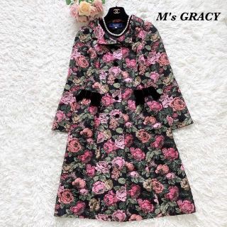 エムズグレイシー(M'S GRACY)の【インスタ掲載】M's GRACY　ジャガードフラワーワンピース　コート　36(ひざ丈ワンピース)