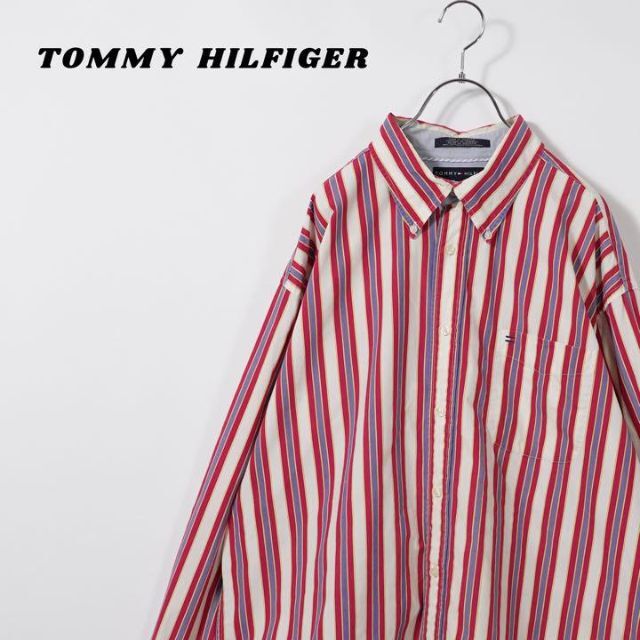 約65cm袖丈トミーヒルフィガー　シャツ　長袖　ストライプ　BDシャツ　白　赤　マルチカラー