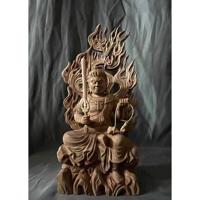 井波彫刻 仏教工芸品 総楠製 極上彫 木彫仏像 倶利伽羅不動明王座像 