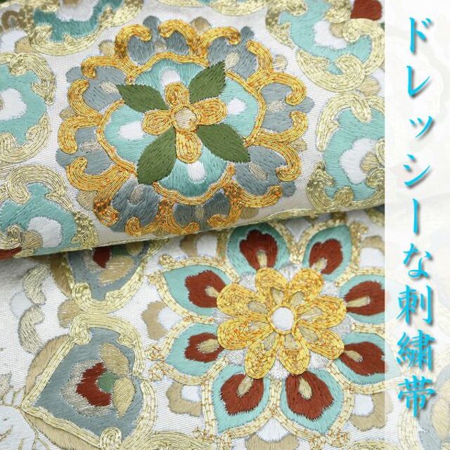 アイボリー×レッド ❤️可愛いらしい刺繍のお気に入りの袋帯です - 着物