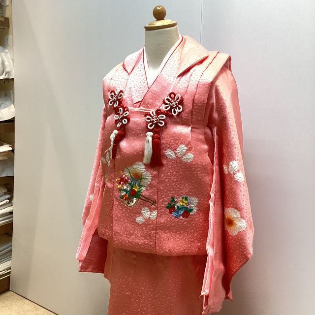 七五三 着物 ３歳 正絹 被布・着物６点セット ピンク色 日本製 mi503t