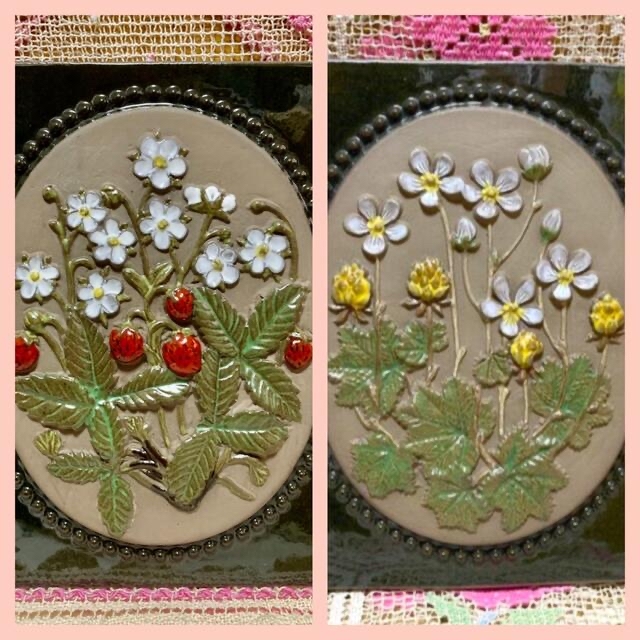 ヴィンテージ》ジイガントフタ スウェーデン【野いちごの花と実 陶板】壁飾り