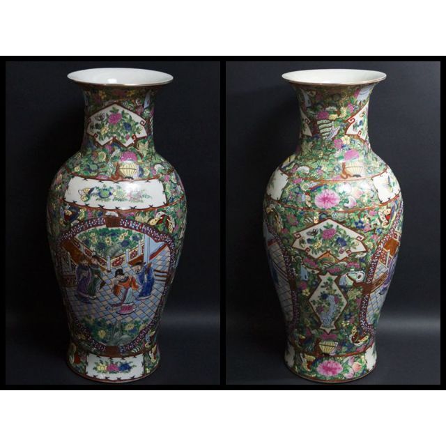 乾隆年製在銘 粉彩色絵窓絵『人物花蝶祥瑞文』大型飾壺 花瓶 高46.5cm