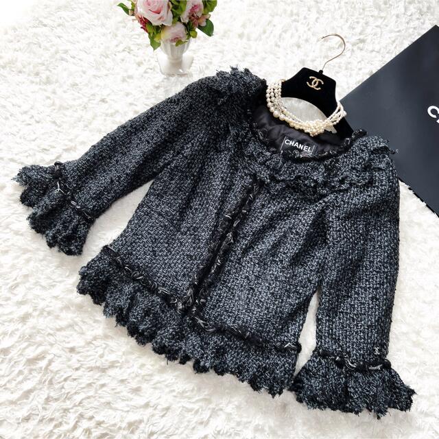 美品 CHANEL シャネル ツイード ペプラム ジャケット フリル ビジュー-