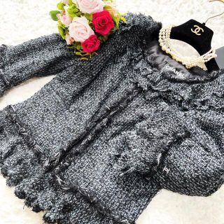 美品 CHANEL シャネル ツイード ペプラム ジャケット フリル ビジュー-