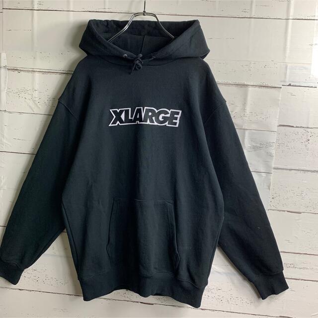 【XL】【入手困難】X-LARGE　パーカー　刺繍ロゴ　センターロゴ　黒