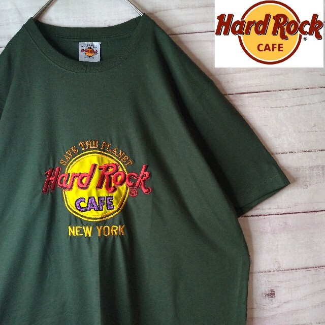 Hard Rock CAFE(ハードロックカフェ)の《良品》ハードロックカフェ　刺繍ロゴ Tシャツ　USA製　XL　カーキ メンズのトップス(Tシャツ/カットソー(半袖/袖なし))の商品写真