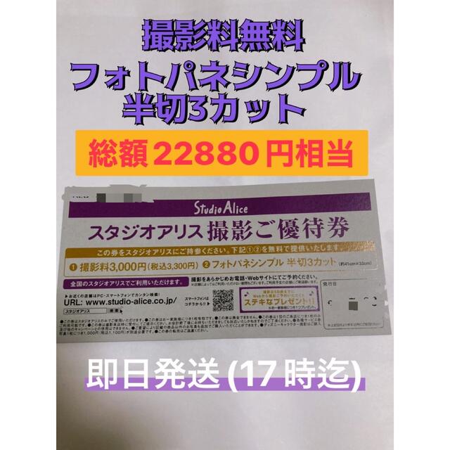 スタジオアリス 撮影ご優待券 フォトパネシンプル 半切 ３カット 無料-