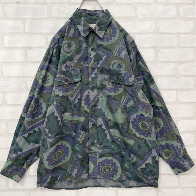 【希少】ヴィンテージ シルク 幾何学柄 長袖 アートデザイン 総柄シャツ Mひなの古着屋